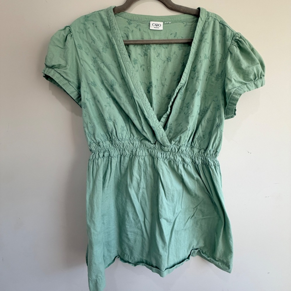 VTG Cato Embroidered V Neck Top Womens XL Green Cotton Fairy Cottagecore